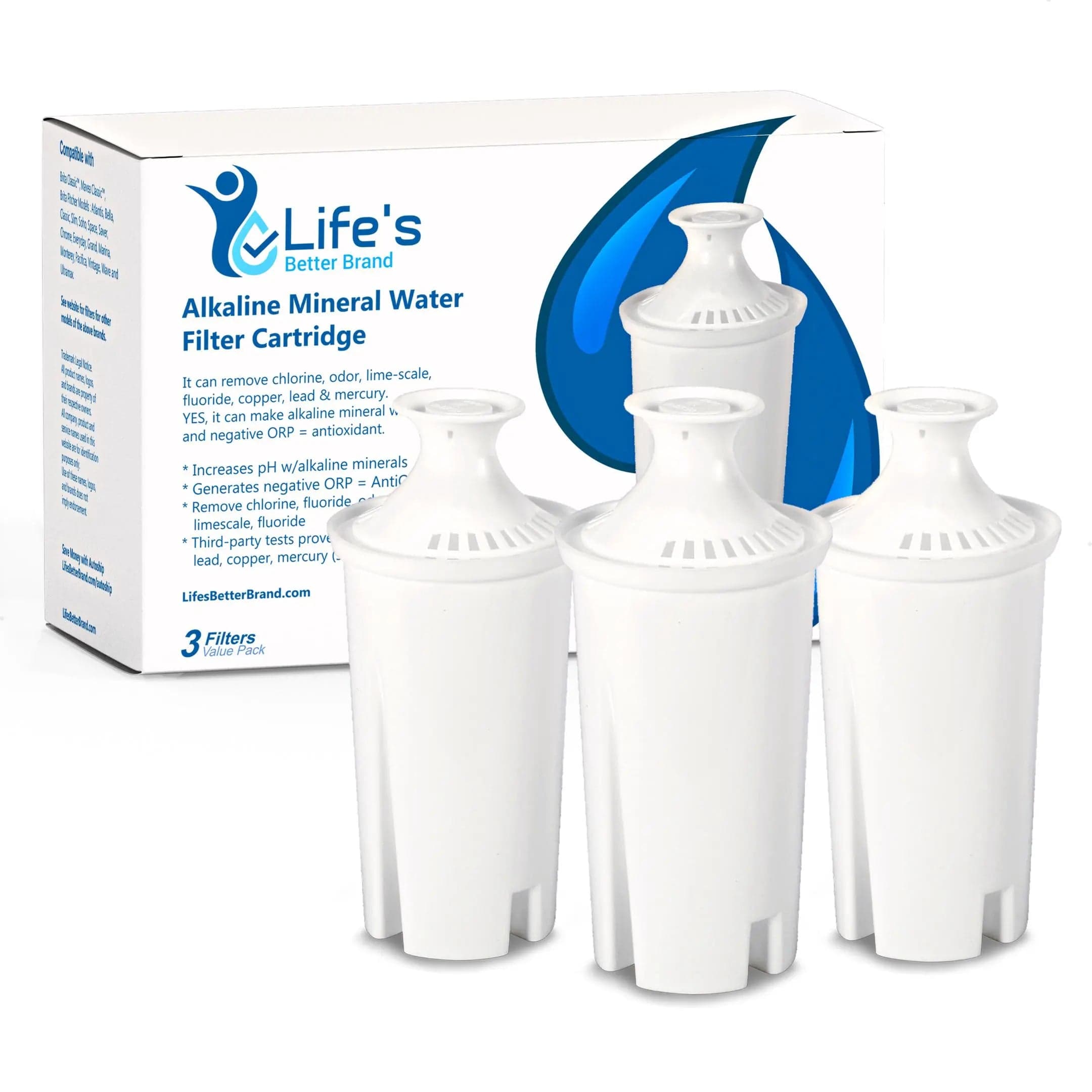 Three alkaline mineral filter cartridges with the 3-Pack retail box