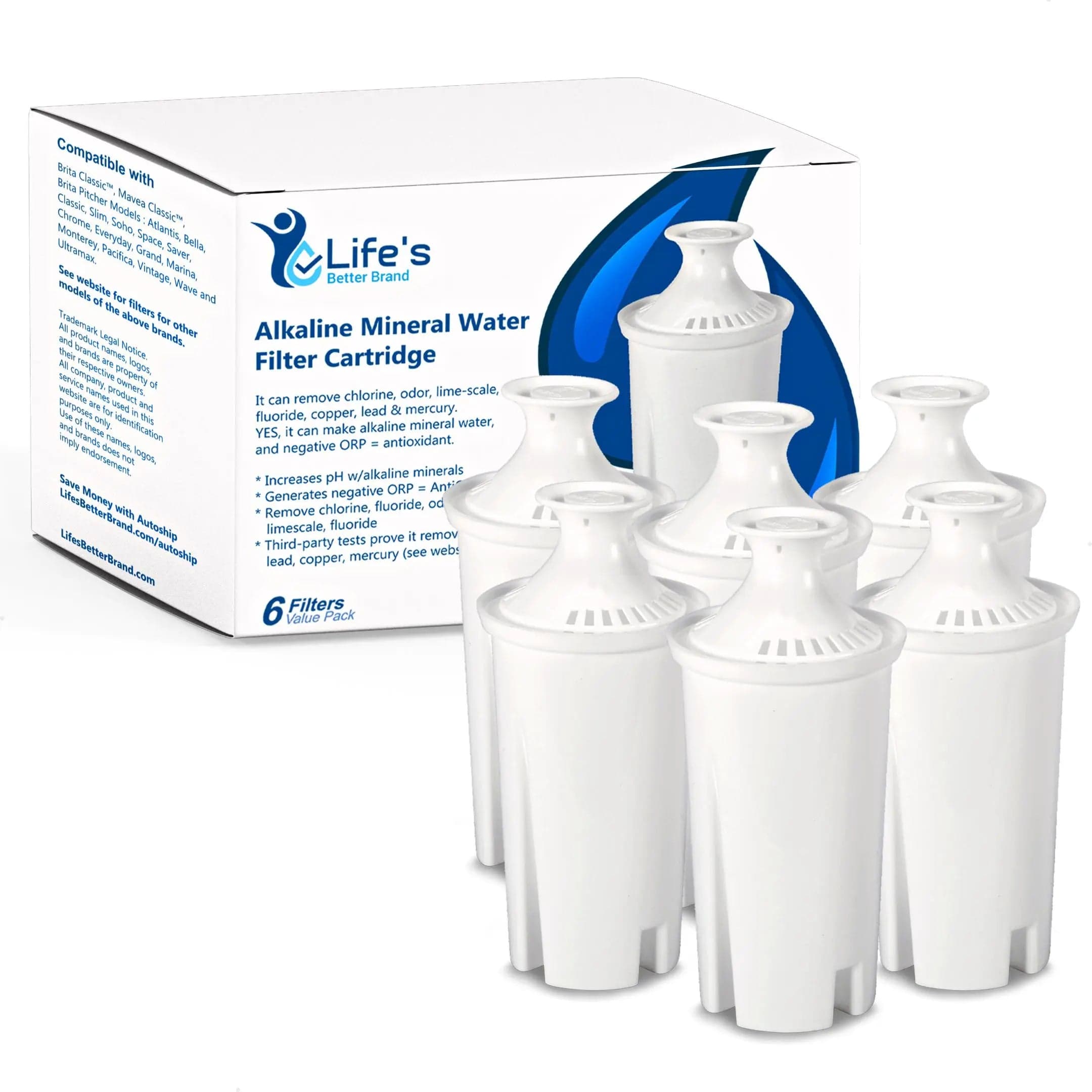 Six alkaline mineral filter cartridges with the 6-Pack retail box